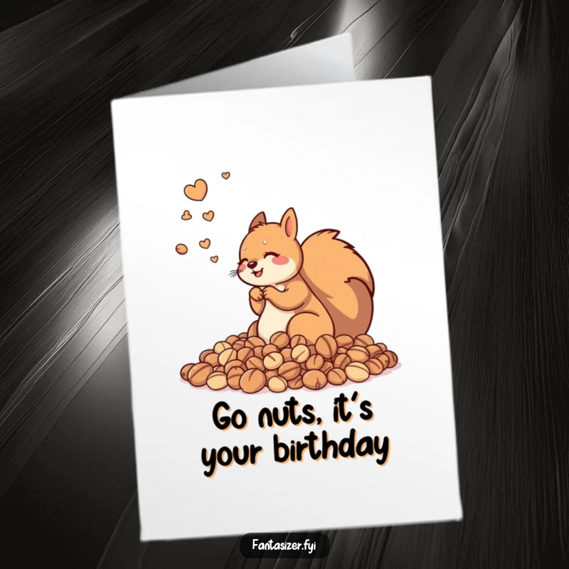 Funny Free Printable Birthday Card: Playful squirrel dreaming of an enormous, mountainous pile of delicious nuts.