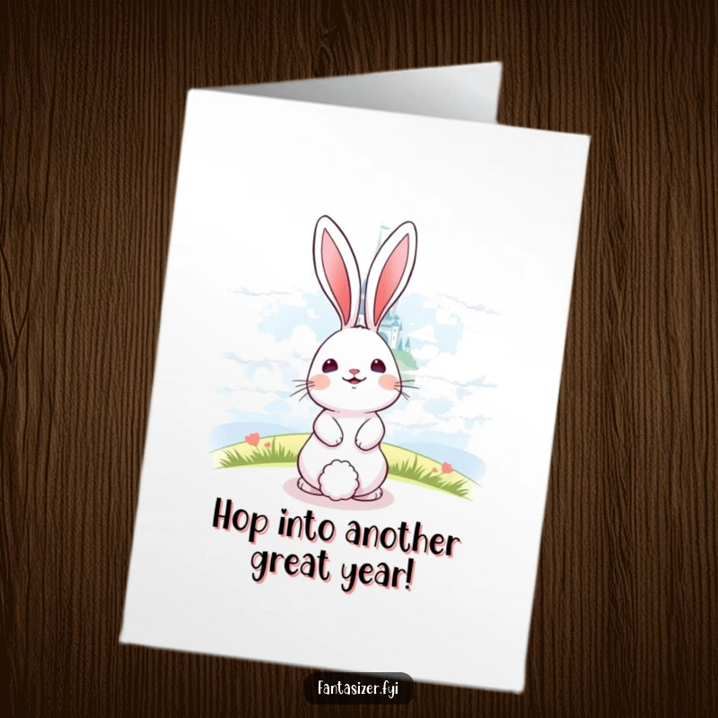 Funny Free Printable Birthday Card: A happy bunny gazing at a shimmering castle in the clouds, celebrating a birthday dreamily.