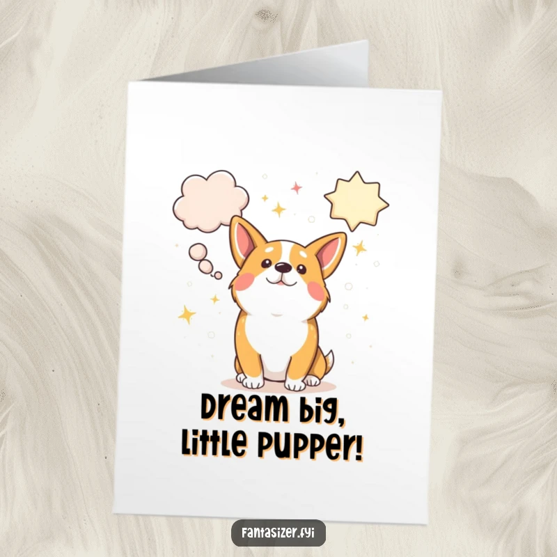 Funny Free Printable Birthday Card: A cute corgi with giant sparkly thought bubbles filled with dreams, celebrating a birthday joyfully.