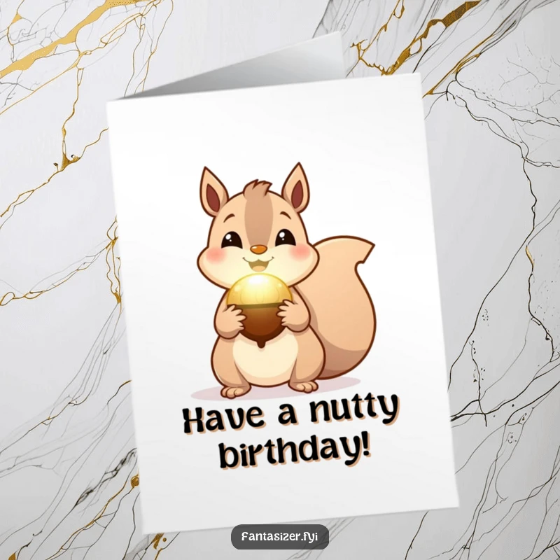 Funny Free Printable Birthday Card: A cheerful squirrel holds a glowing magical acorn, spreading birthday cheer and wonder.