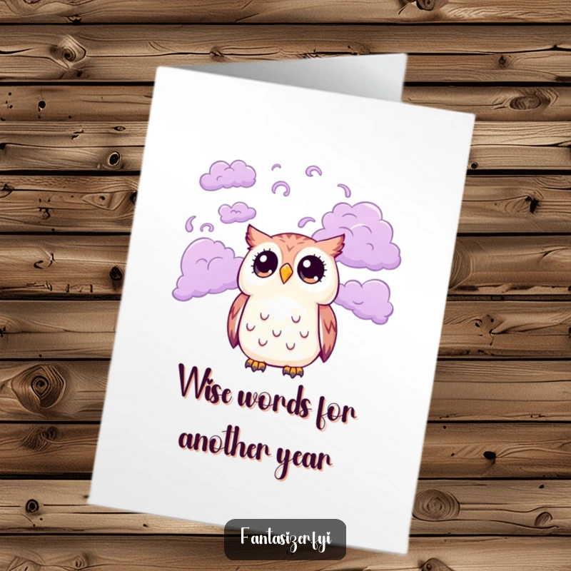 Funny Free Printable Birthday Card: Cute owl with wide eyes looks up at a sky filled with swirling purple clouds, a magical birthday wish.