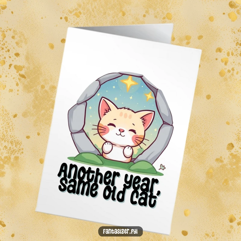 Funny Free Printable Birthday Card: Curious cat peeking through a magical portal to a starry, whimsical landscape.