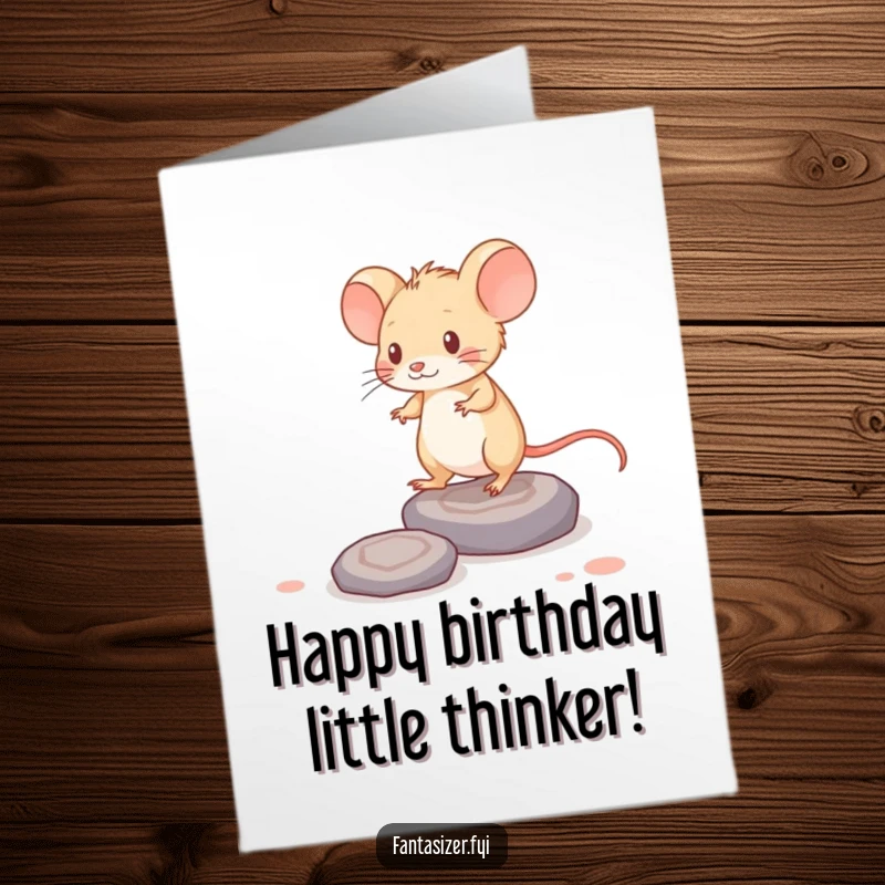 Funny Free Printable Birthday Card: Brave mouse stepping on stepping stones made of glowing thoughts, celebrating intellect.