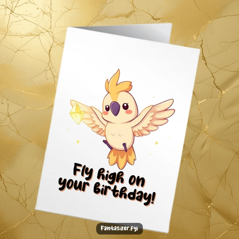 Funny Free Printable Birthday Card: Spirited parrot with wings spread, flying towards a glowing, distant dream crystal.