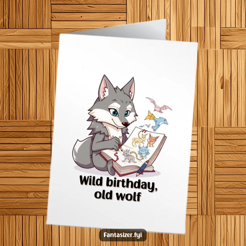 Funny Free Printable Birthday Card: Proud wolf character thoughtfully sketching mythical creatures in a giant notebook.