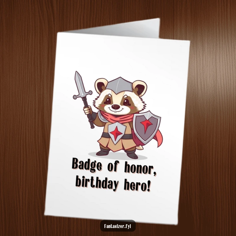 Funny Free Printable Birthday Card featuring a determined badger dressed as a knight, holding a sword and shield.