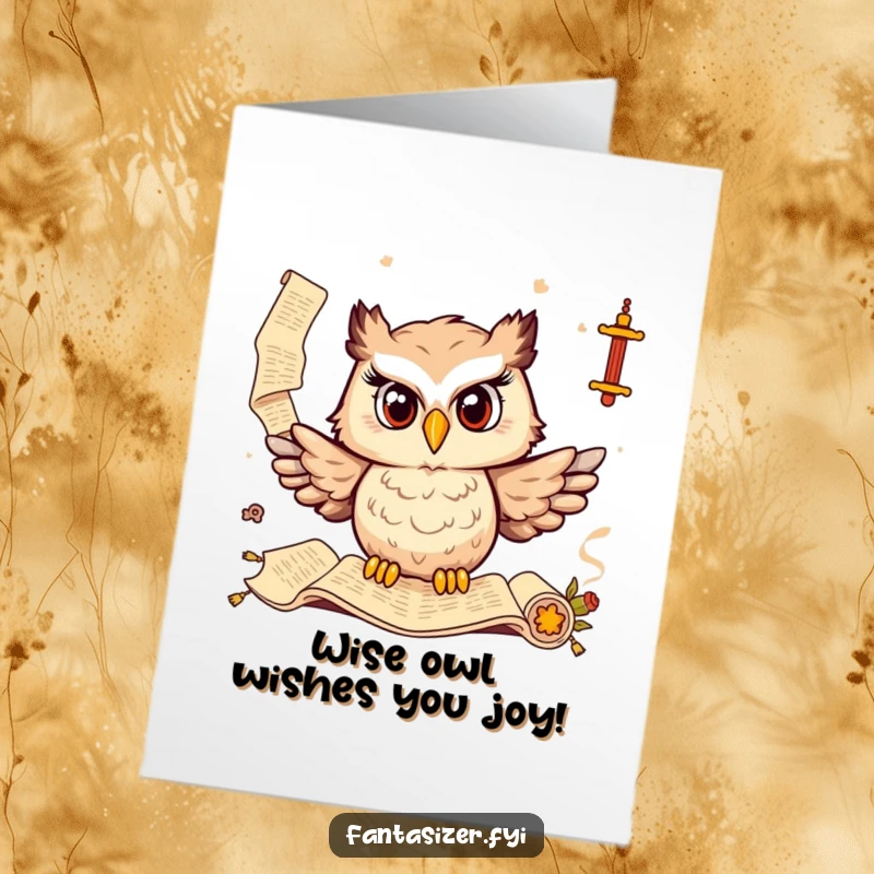 Funny Free Printable Birthday Card featuring a delighted owl wearing spectacles, surrounded by ancient scroll illustrations.
