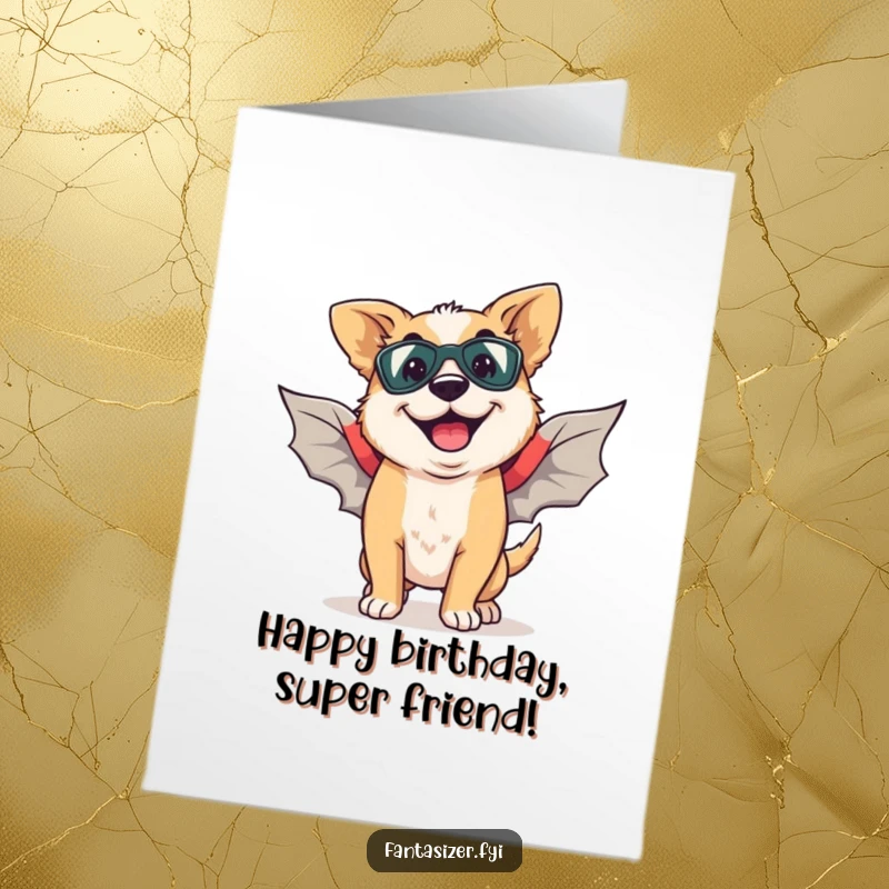 Funny Free Printable Birthday Card: A happy dog with a huge grin, dreaming of flying with majestic superhero wings.