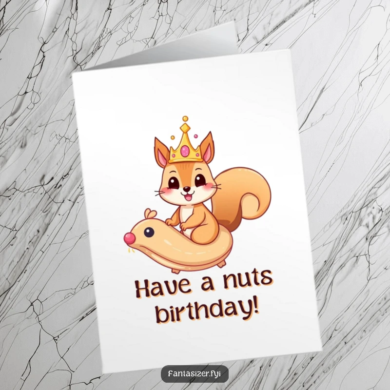 Funny Free Printable Birthday Card: Happy squirrel in a crown rides a flying pastry, celebrating a grand birthday adventure.