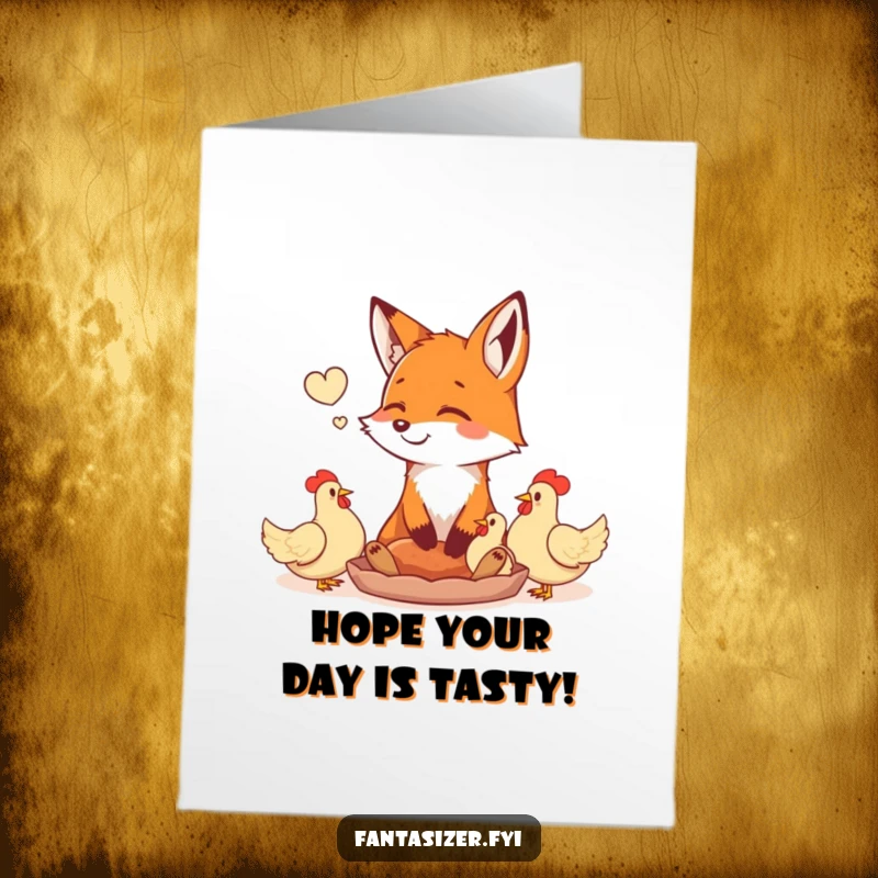 Funny Free Printable Fox Birthday Card: Happy fox daydreaming with hunger about a feast of plump chickens.
