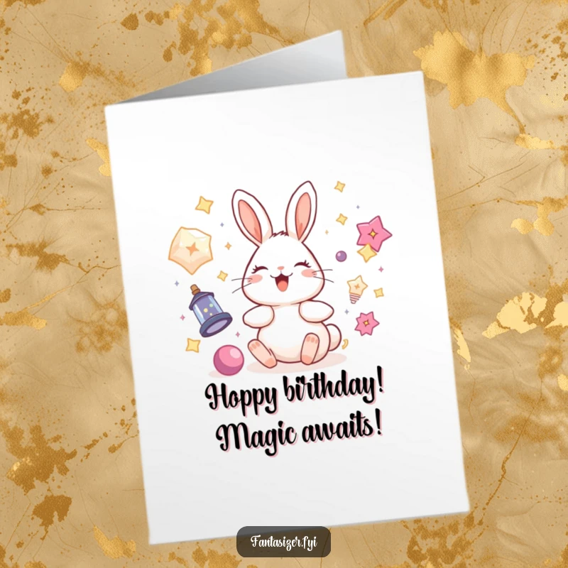 Funny Free Printable Rabbit Birthday Card: A delighted rabbit floats with magic items, a whimsical downloadable party surprise.
