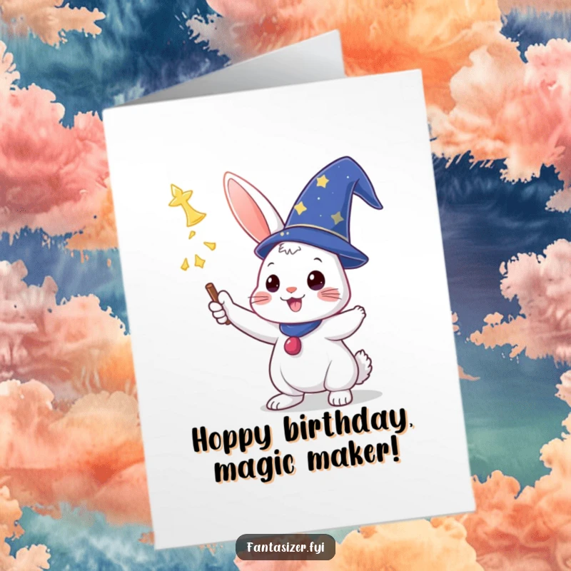 Funny Free Printable Birthday Card: Triumphant wizard rabbit in hat casting a magic spell with delight.