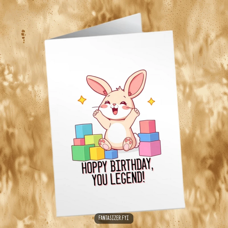 Funny free printable birthday card with a happy bunny with paws in the air, dreaming of a world built from colorful blocks.