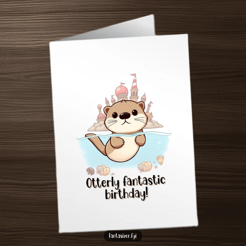 Funny Free Printable Birthday Card: A determined otter swims towards a shimmering seashell city, representing big birthday dreams.
