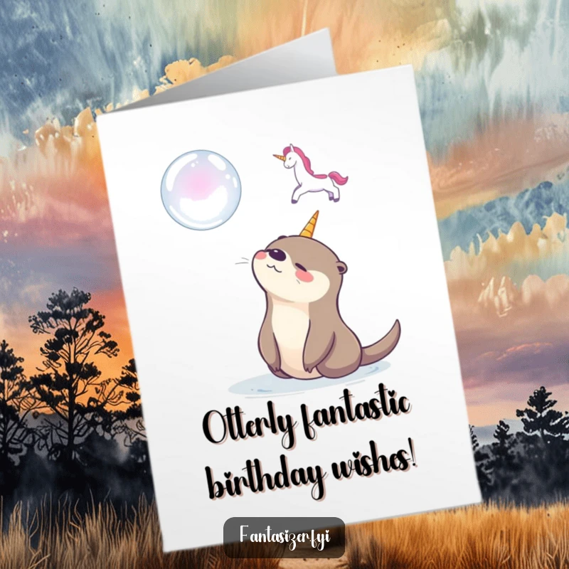 Funny Free Printable Birthday Card featuring a happy otter with dreamy eyes gazing at a fantastical soap bubble unicorn.