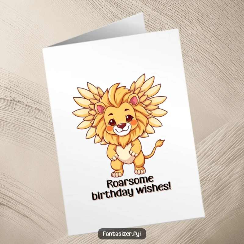 Funny Free Printable Birthday Card: A proud lion transforms into a winged creature, symbolizing a majestic birthday celebration.