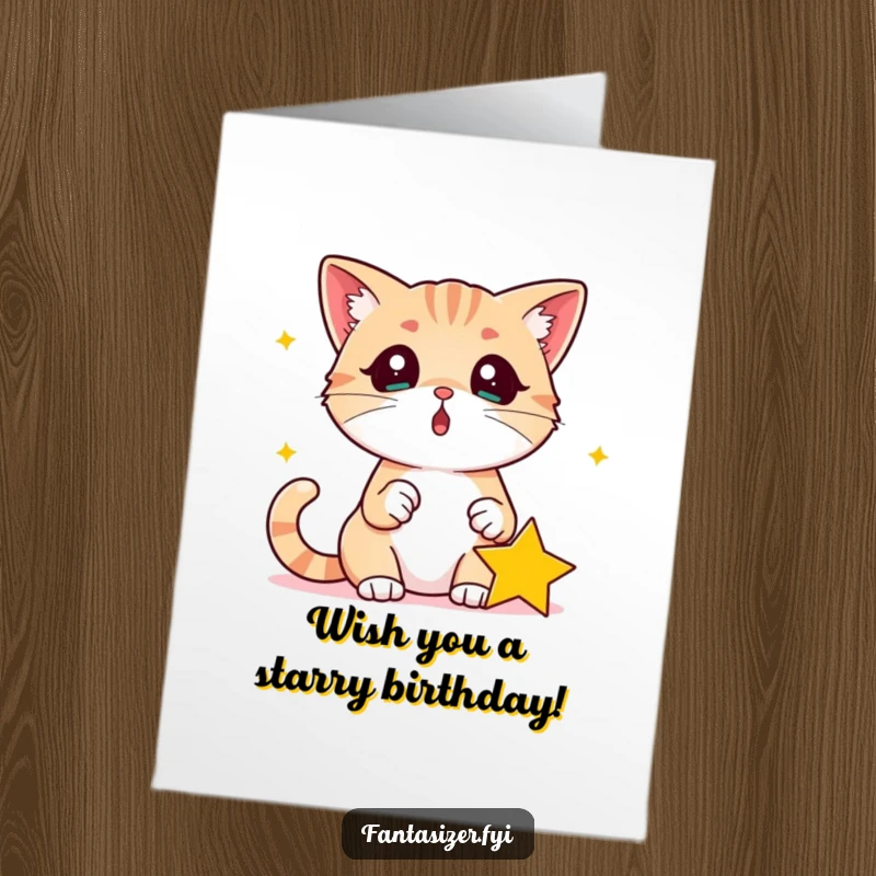 Free Printable Birthday Card: A surprised cat looking down at a shiny star that has fallen into its paw, whimsical and magical design.