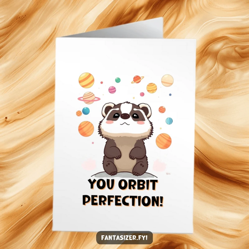 Funny Free Printable Congratulations Card with a whimsical badger looking at vibrant planets, celebrating success among the stars.