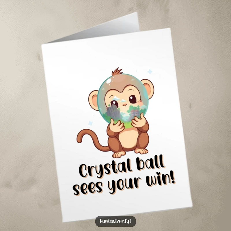 Funny Free Printable Congratulations Card: Curious monkey with crystal ball predicting a fantastic outcome.