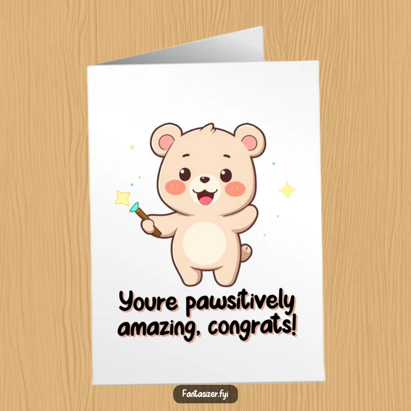 Funny Free Printable Congratulations Card: Bear character uses magic wand to create sparkling, celebratory lights.