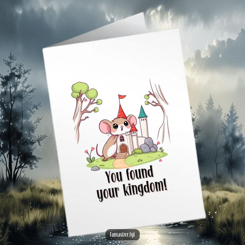 Funny Free Printable Congratulations Card: A surprised mouse finds a very tiny, detailed miniature castle.