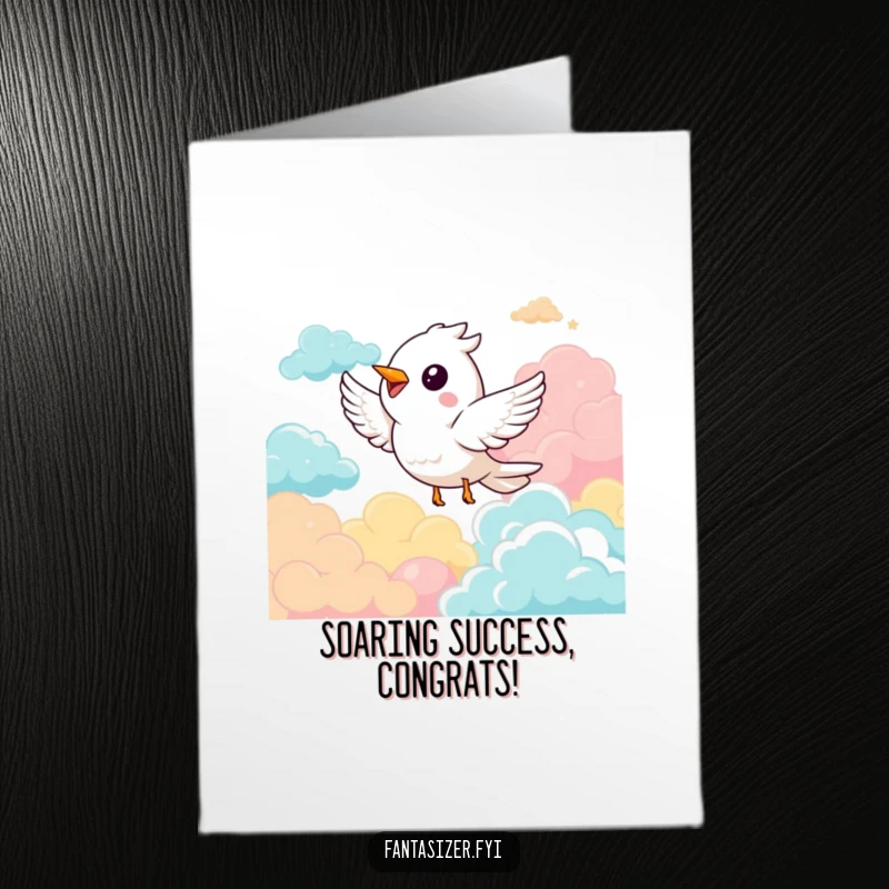 Funny free printable congratulations card showing a happy bird flying high through colorful clouds, celebrating success.