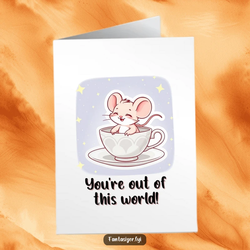 Funny Free Printable Congrats Card: A cheerful mouse piloting a teacup spaceship through the stars, celebrating an out-of-this-world achievement.