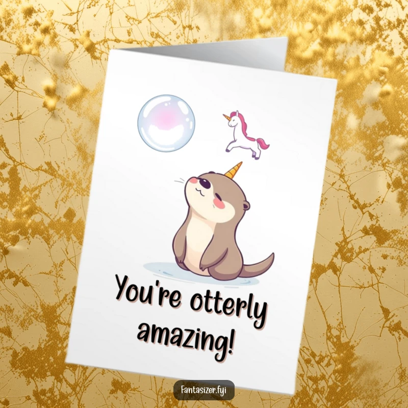 Free Printable Congratulations Card: A happy otter gazes dreamily at a floating soap bubble unicorn, symbolizing wishes.