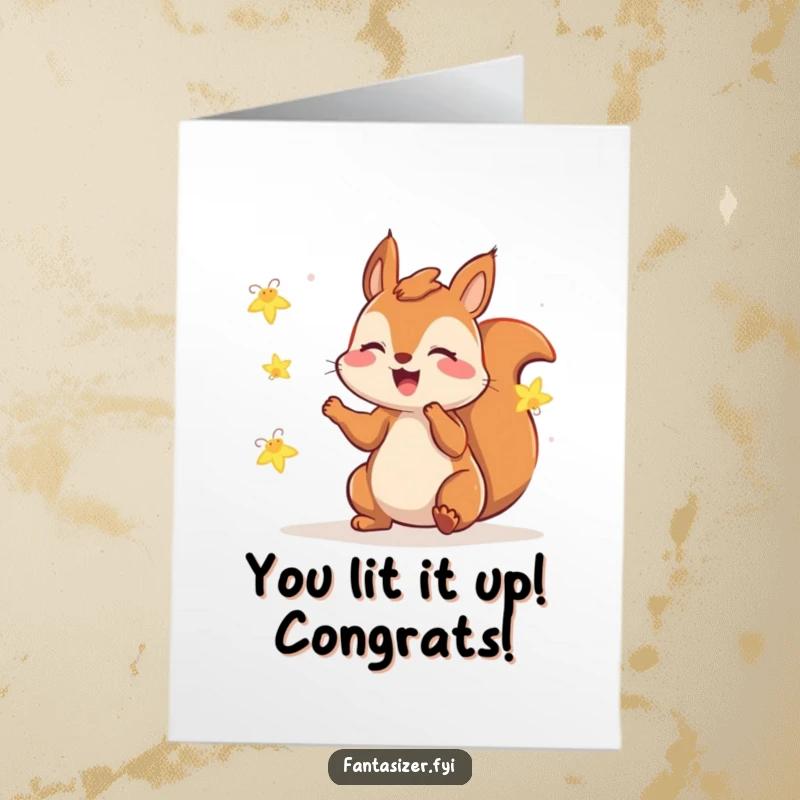 Funny Free Printable Congratulations Card: Gleeful squirrel plays with fireflies, magical evening, great downloadable gift.