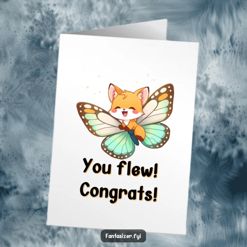 Funny Free Printable Congratulations Card: A joyful fox cub soaring through the sky, blissfully riding on a majestic giant butterfly.