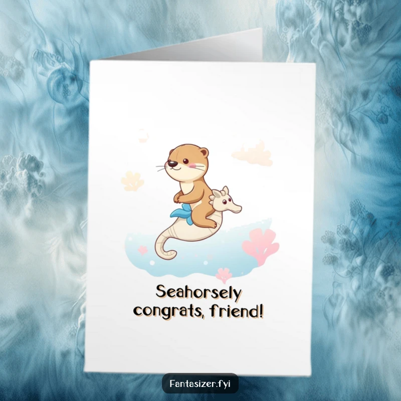 Funny Free Printable Congratulations Card: Otter riding seahorse in a dreamlike ocean, conveying celebratory vibes.