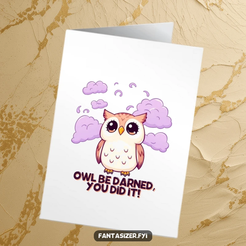 Funny Free Printable Congratulations Card: Cute owl with wide eyes gazes at swirling purple clouds, celebrating achievements with wonder.
