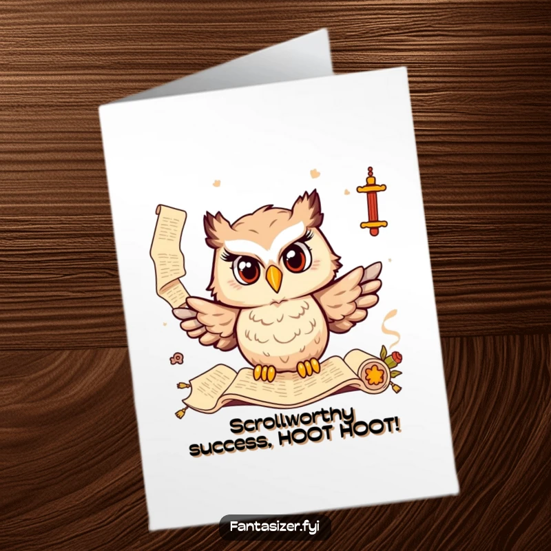 Funny Free Printable Congratulations Card showing a wise owl holding an ancient scroll with a celebratory message.