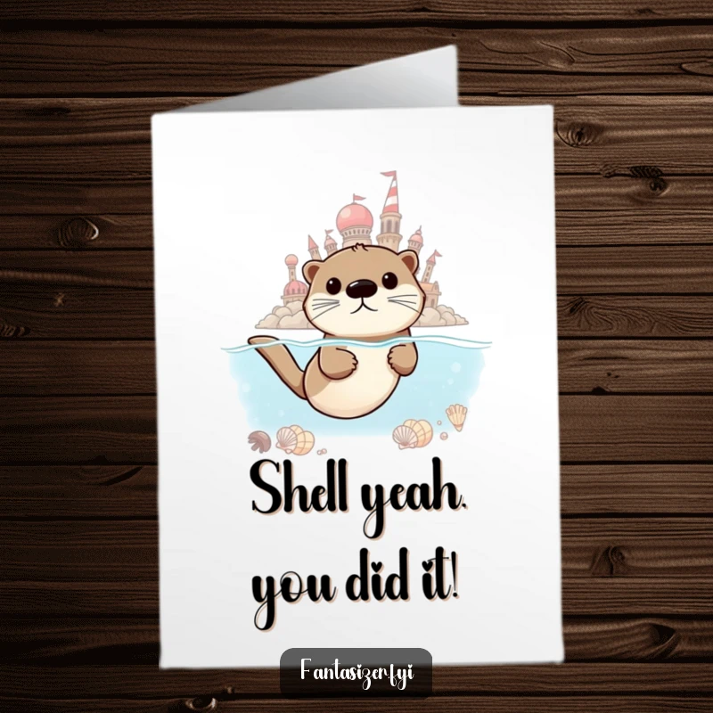 Funny Free Printable Congratulations Card: A determined otter swims towards a shimmering city made of seashells, celebrating achievement.