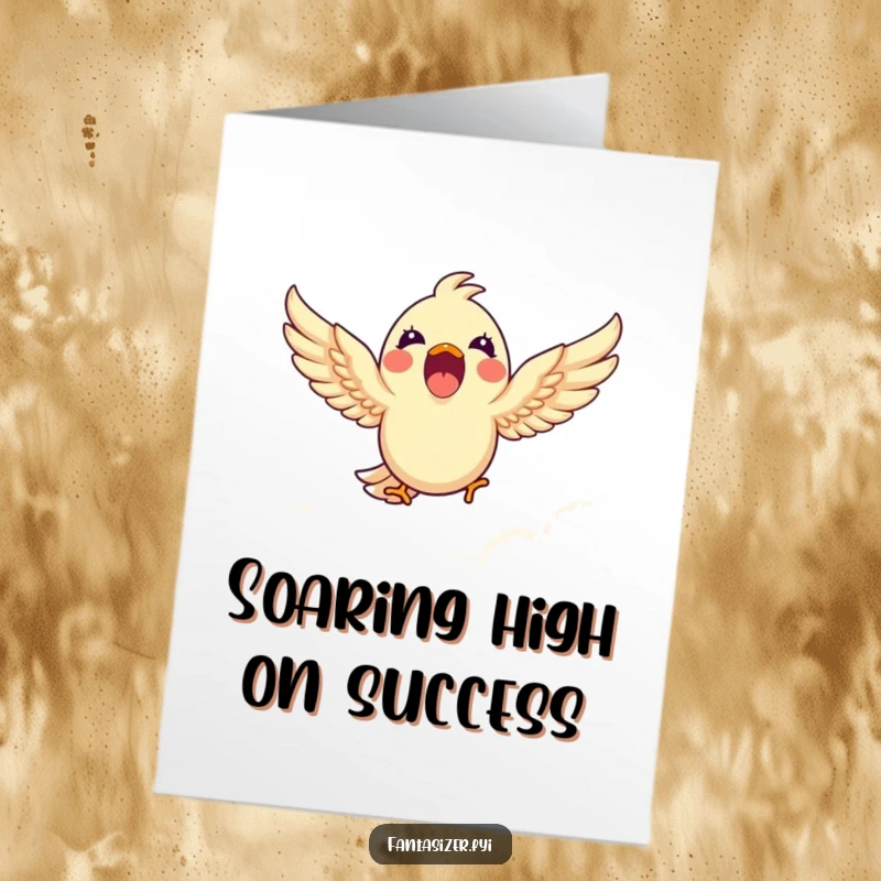 Funny Free Printable Congratulations Card: Excited bird blissfully flying through fluffy white clouds.