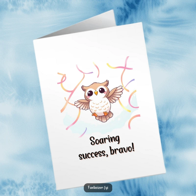 Funny Free Printable Congratulations Card: Cheerful owl character with wings spread wide, soaring amidst colorful, flowing ribbons.