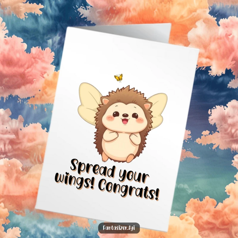 Funny Free Printable Congratulations Card featuring a delighted hedgehog with butterfly wings, envisioning soaring through the sky.