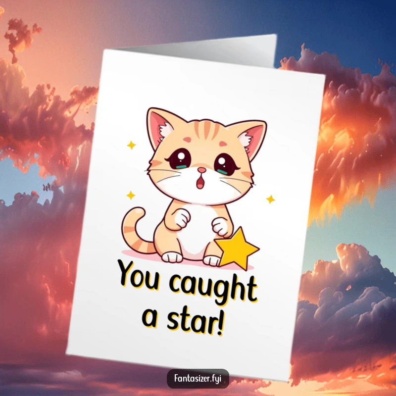Free Printable Congratulations Card: A cat with wide eyes looking at a glowing star that has landed gently in its paw, a magical moment.