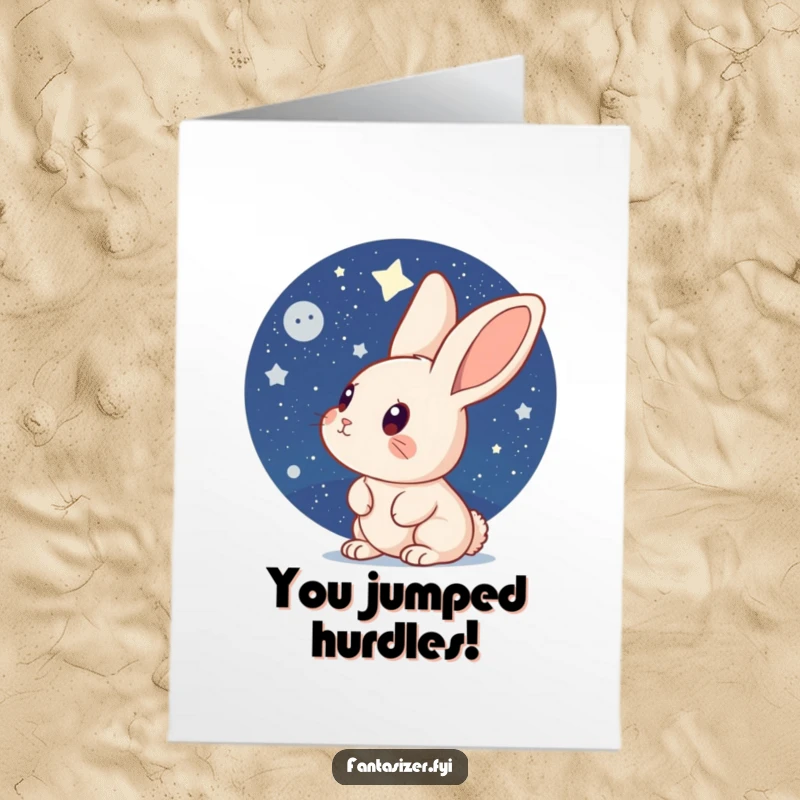 Funny Free Printable Congratulations Card: A curious rabbit gazes at a sky full of stars, representing achievement.
