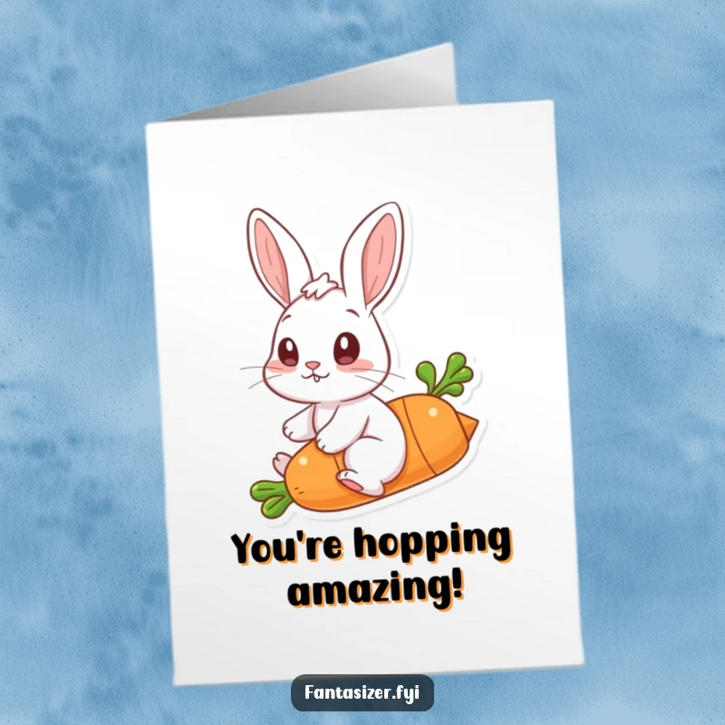 Free Printable Congratulations Card: A playful rabbit pretends to pilot a flying carrot through the sky.