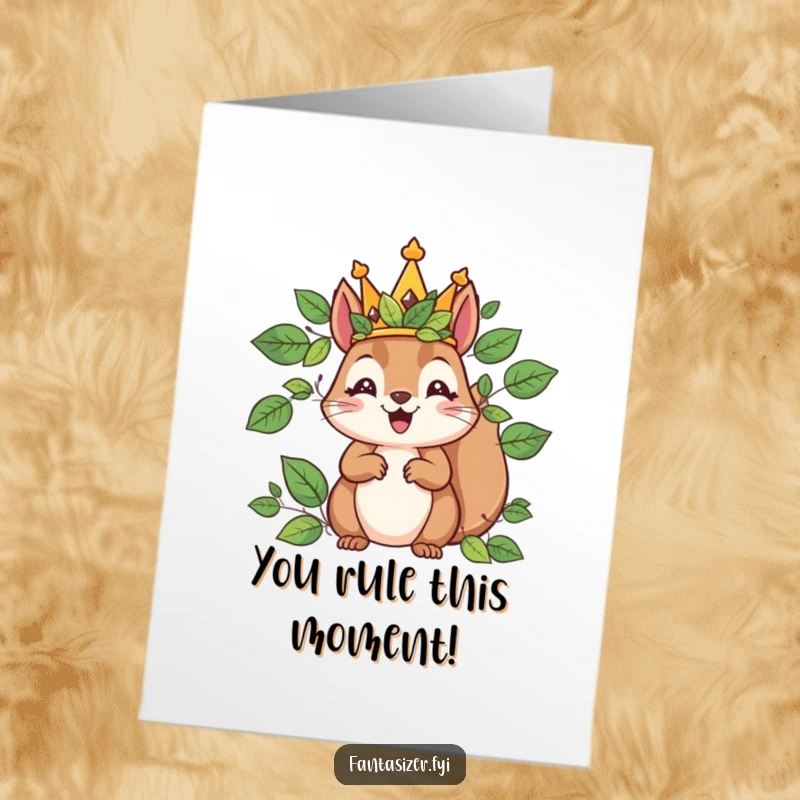 Free Printable Congratulations Card: A delighted squirrel adorned with a leaf crown reigns over a tiny kingdom.