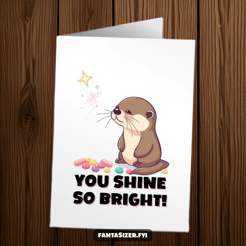 Funny free printable congratulations card featuring a curious otter mesmerized by a galaxy of glowing candies, celebrating a spectacular achievement.