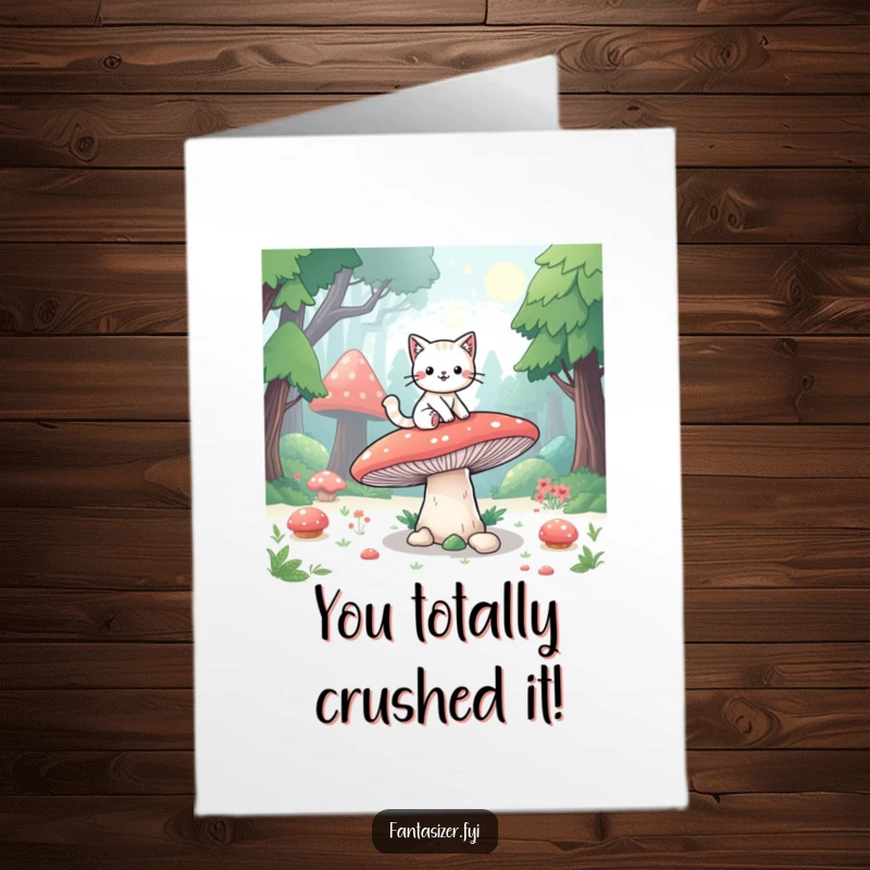 Funny Free Printable Congratulations Card with a playful cat riding a giant mushroom, celebrating a successful adventure.
