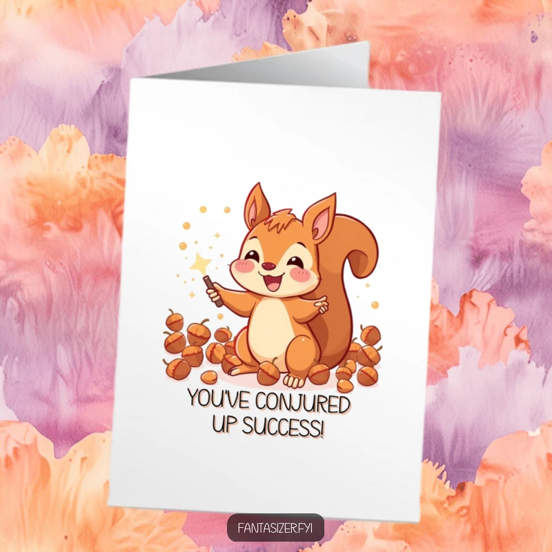 Funny Free Printable Congratulations Card: A happy squirrel conjures sparkling acorns with magic, signifying a shower of good fortune and success.