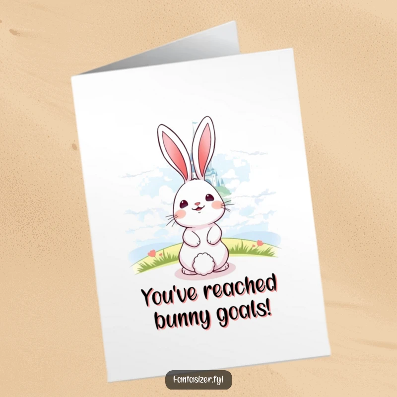 Funny Free Printable Congratulations Card: A bunny looks towards a distant castle in clouds, symbolizing achieved dreams and success.