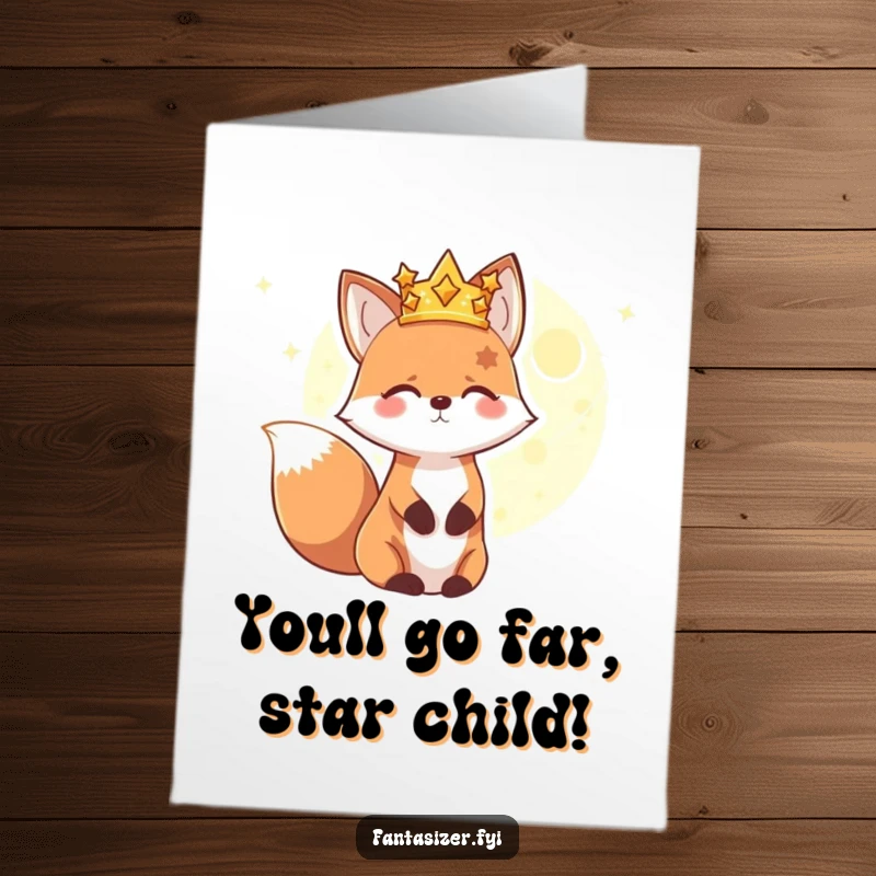 Funny Free Printable Congratulations Card: Happy fox with star crown gazes at a glowing planet, celebrating success with cosmic flair.