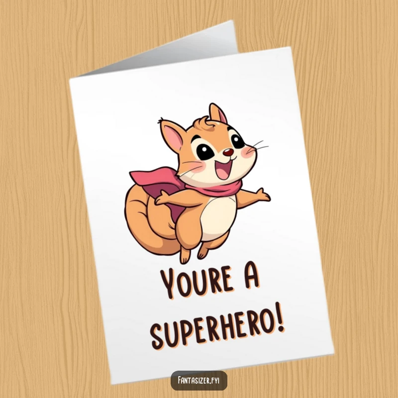 Funny Free Printable Squirrel Congrats Card: An excited, caped squirrel soars through the air, a heroic downloadable for success.