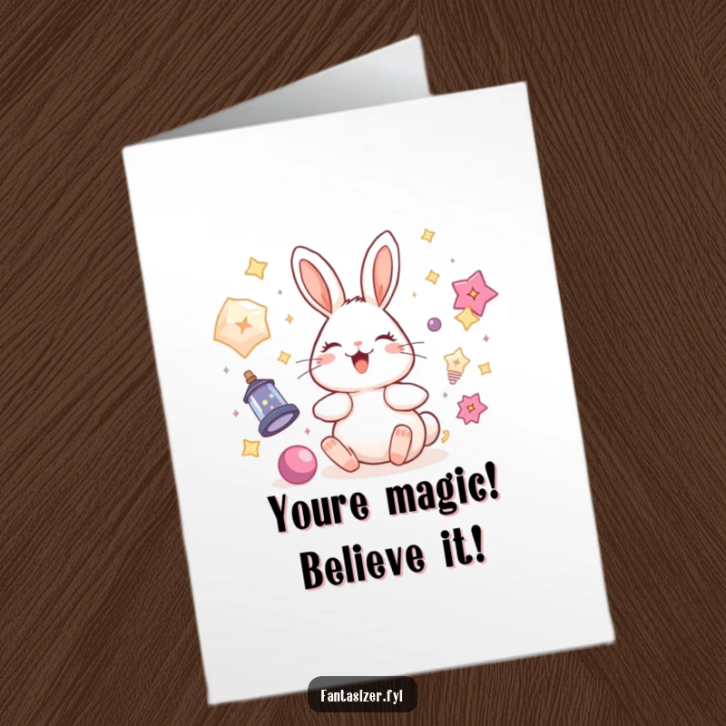 Funny Free Printable Rabbit Congrats Card: A delighted rabbit levitates with magical objects, a celebratory downloadable gift.