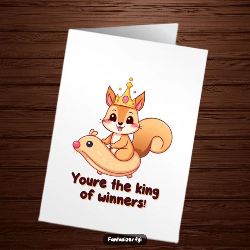 Funny Free Printable Congratulations Card: Happy squirrel crowned rides a flying pastry, celebrating a majestic achievement.