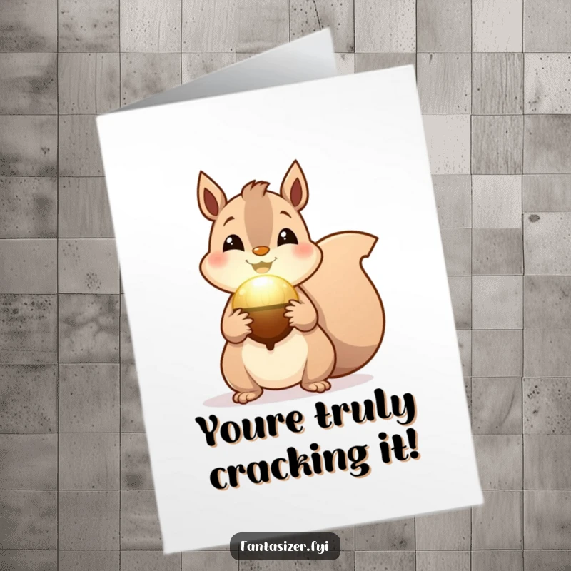 Funny Free Printable Congratulations Card: A cheerful squirrel holds a glowing magical acorn, symbolizing a wish for success and celebration.